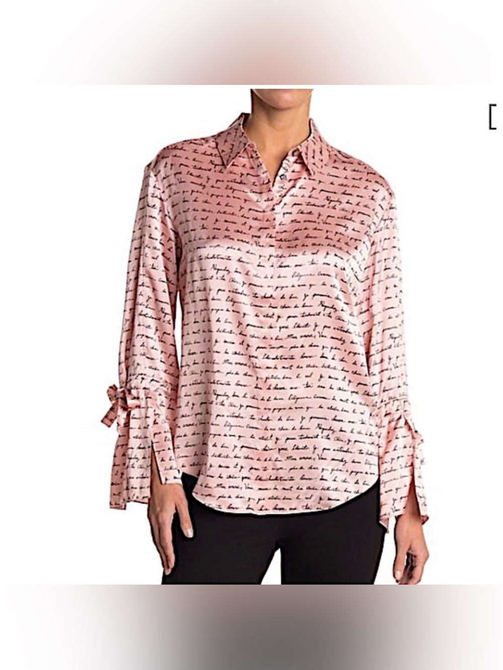 Cinq à Sept Elisia French Text Bell-Sleeves Silk Shirt Women’s Size Medium